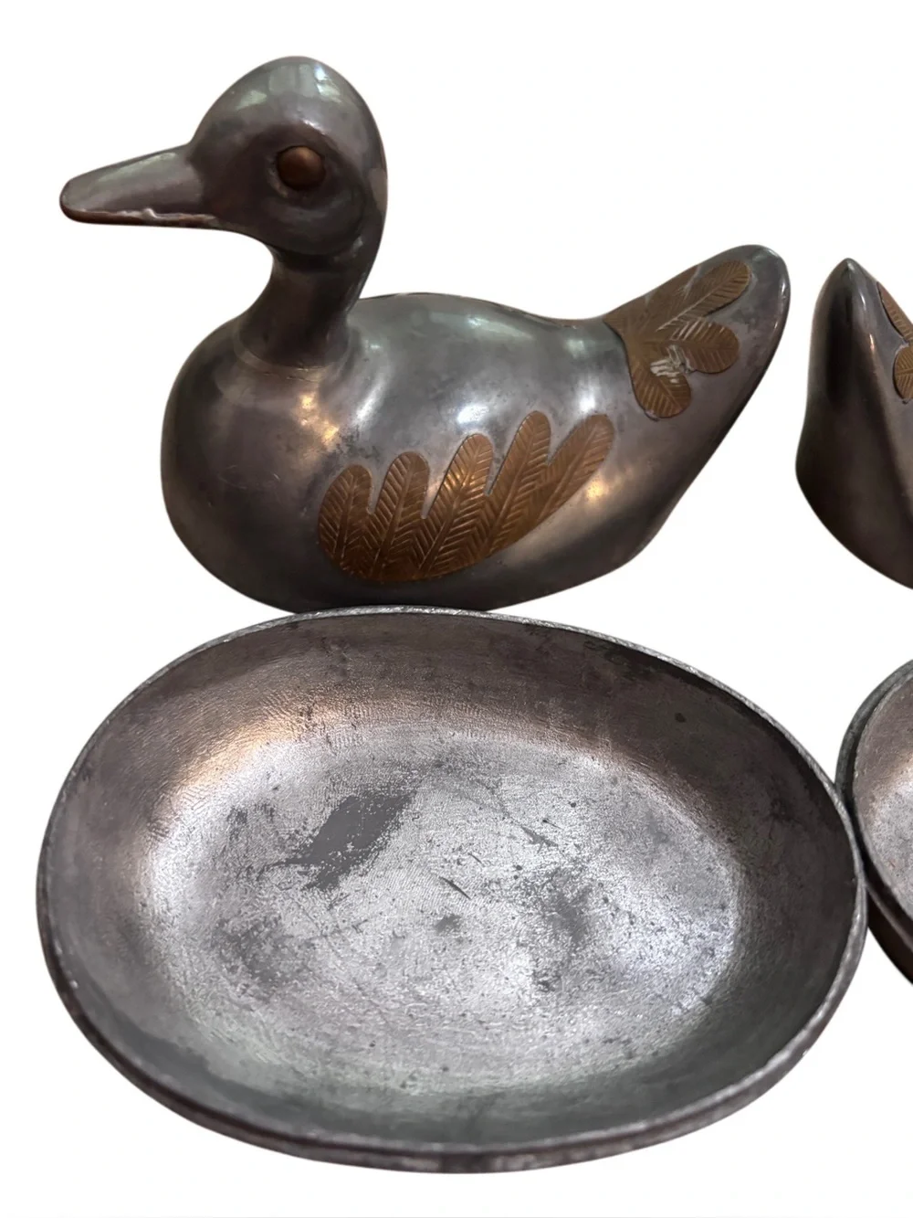 Two Vintage 5” Pewter w/ Brass Ducks w/Lids Trinket Box Heavy - Mid Century